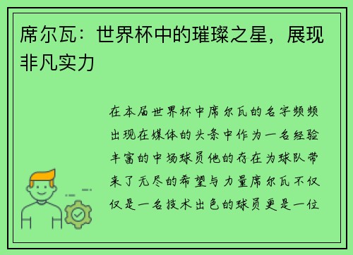席尔瓦：世界杯中的璀璨之星，展现非凡实力