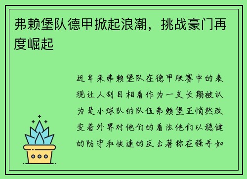 弗赖堡队德甲掀起浪潮，挑战豪门再度崛起