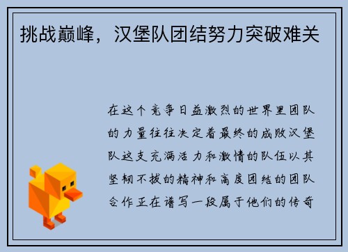 挑战巅峰，汉堡队团结努力突破难关