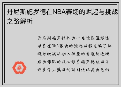 丹尼斯施罗德在NBA赛场的崛起与挑战之路解析