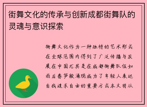 街舞文化的传承与创新成都街舞队的灵魂与意识探索