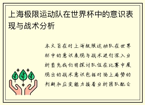 上海极限运动队在世界杯中的意识表现与战术分析