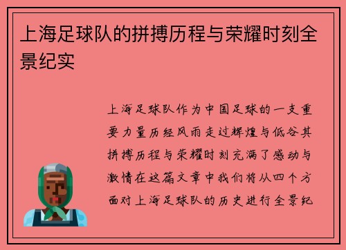 上海足球队的拼搏历程与荣耀时刻全景纪实