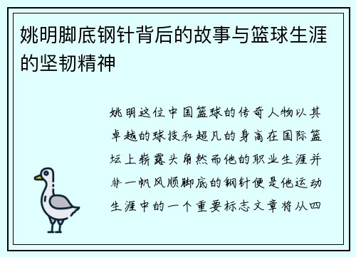 姚明脚底钢针背后的故事与篮球生涯的坚韧精神