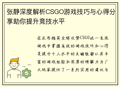 张静深度解析CSGO游戏技巧与心得分享助你提升竞技水平