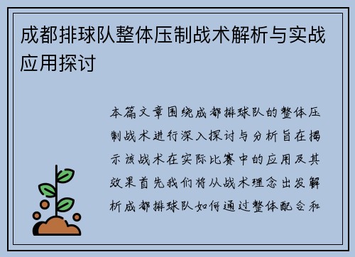 成都排球队整体压制战术解析与实战应用探讨